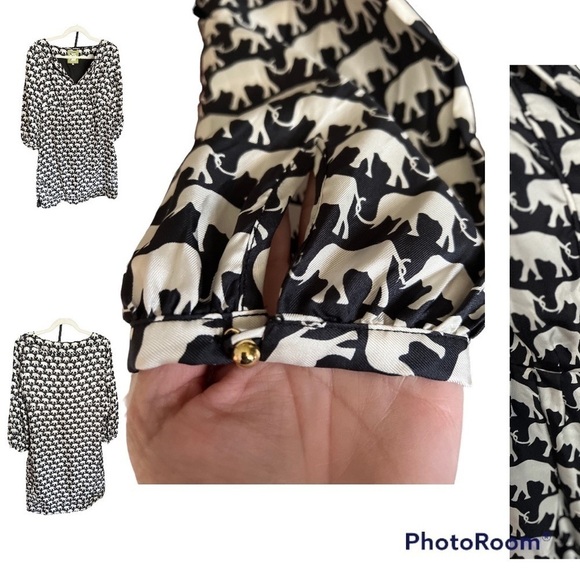 Elizabeth McKay SILK MARILOU DRESS black with white elephants size 8 tunic EUC - Picture 10 of 11